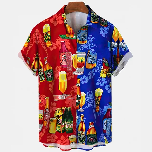 Beer Festival Harajuku Shirts For Men 3D Print Short Sleeve Tees Summer Hawaiian Beach Style Single-Breasted Tops Lapel