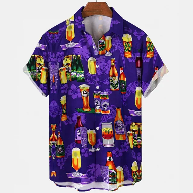 Beer Festival Harajuku Shirts For Men 3D Print Short Sleeve Tees Summer Hawaiian Beach Style Single-Breasted Tops Lapel