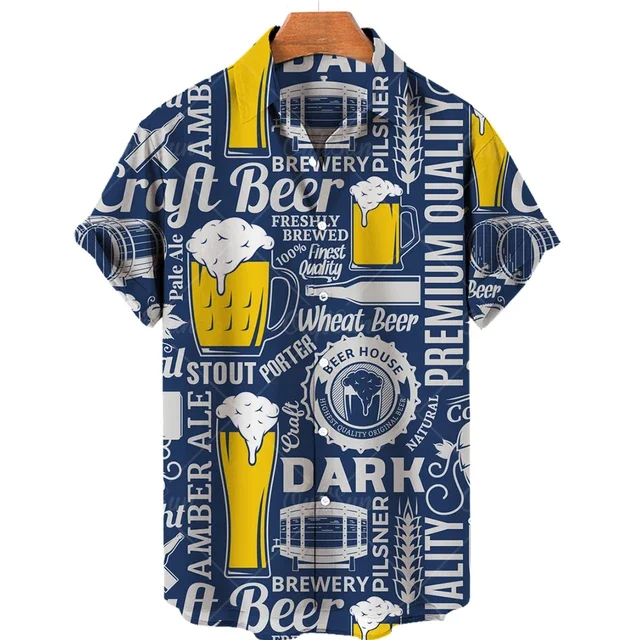 Beer Festival Harajuku Shirts For Men 3D Print Short Sleeve Tees Summer Hawaiian Beach Style Single-Breasted Tops Lapel