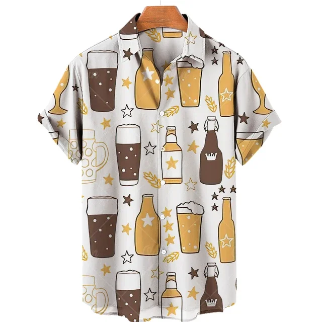 Beer Festival Harajuku Shirts For Men 3D Print Short Sleeve Tees Summer Hawaiian Beach Style Single-Breasted Tops Lapel