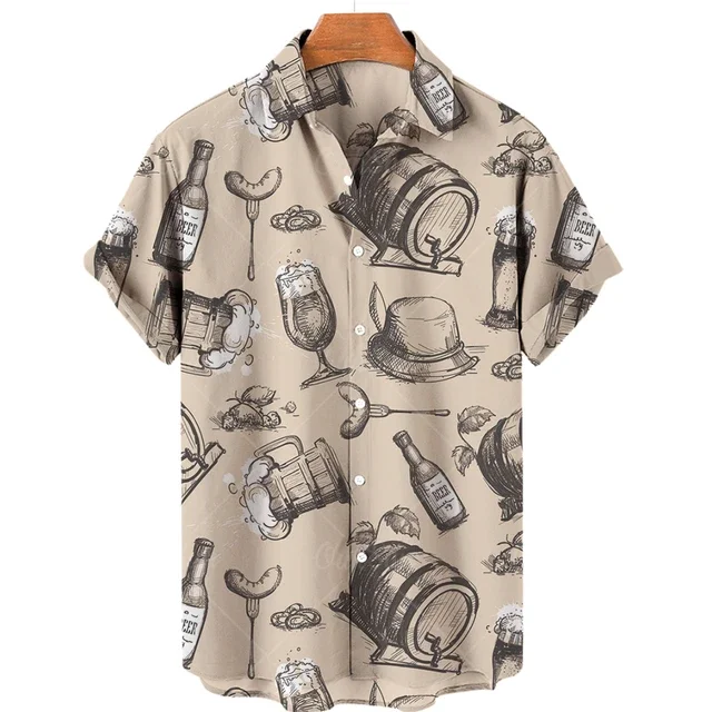 Beer Festival Harajuku Shirts For Men 3D Print Short Sleeve Tees Summer Hawaiian Beach Style Single-Breasted Tops Lapel