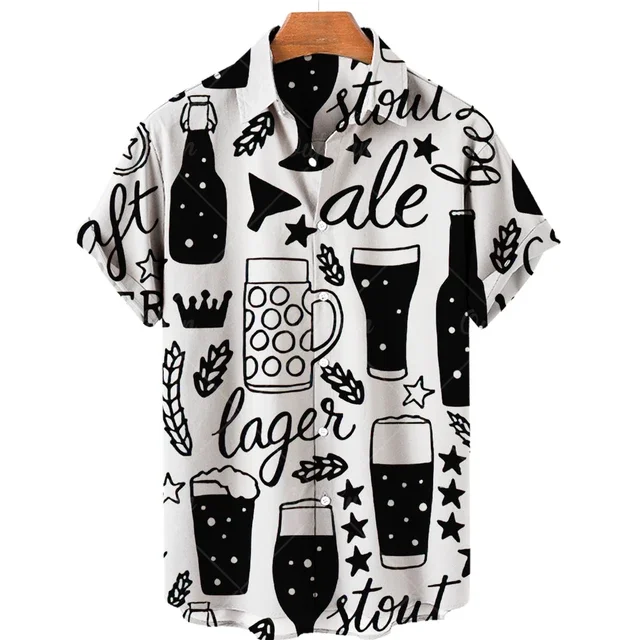 Beer Festival Harajuku Shirts For Men 3D Print Short Sleeve Tees Summer Hawaiian Beach Style Single-Breasted Tops Lapel