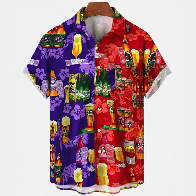 Beer Festival Harajuku Shirts For Men 3D Print Short Sleeve Tees Summer Hawaiian Beach Style Single-Breasted Tops Lapel