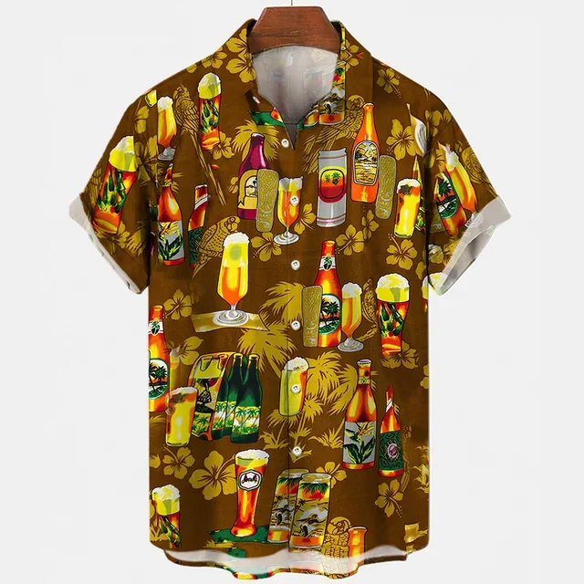 Beer Festival Harajuku Shirts For Men 3D Print Short Sleeve Tees Summer Hawaiian Beach Style Single-Breasted Tops Lapel