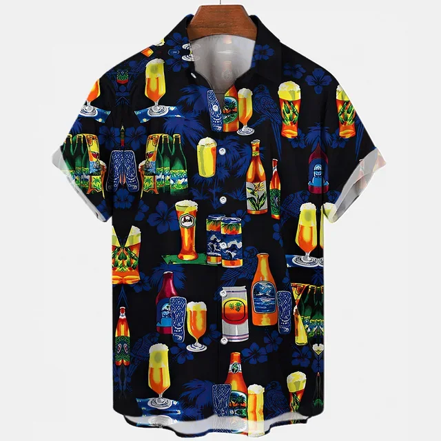 Beer Festival Harajuku Shirts For Men 3D Print Short Sleeve Tees Summer Hawaiian Beach Style Single-Breasted Tops Lapel