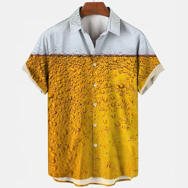 Beer Festival Harajuku Shirts For Men 3D Print Short Sleeve Tees Summer Hawaiian Beach Style Single-Breasted Tops Lapel