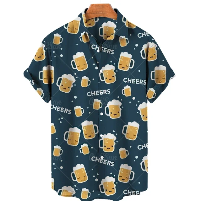 Beer Festival Harajuku Shirts For Men 3D Print Short Sleeve Tees Summer Hawaiian Beach Style Single-Breasted Tops Lapel