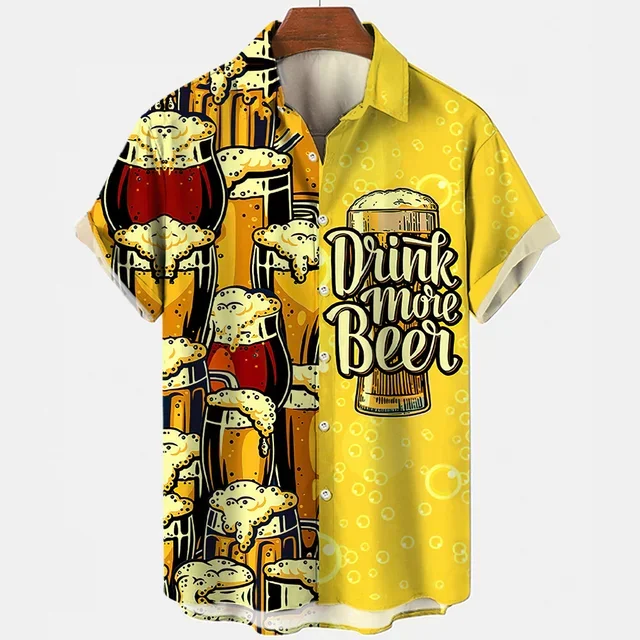 Beer Festival Harajuku Shirts For Men 3D Print Short Sleeve Tees Summer Hawaiian Beach Style Single-Breasted Tops Lapel