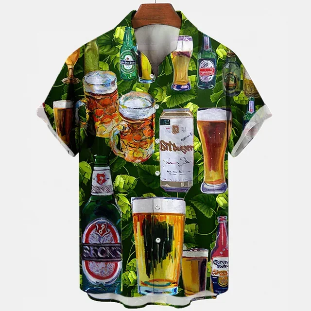 Beer Festival Harajuku Shirts For Men 3D Print Short Sleeve Tees Summer Hawaiian Beach Style Single-Breasted Tops Lapel