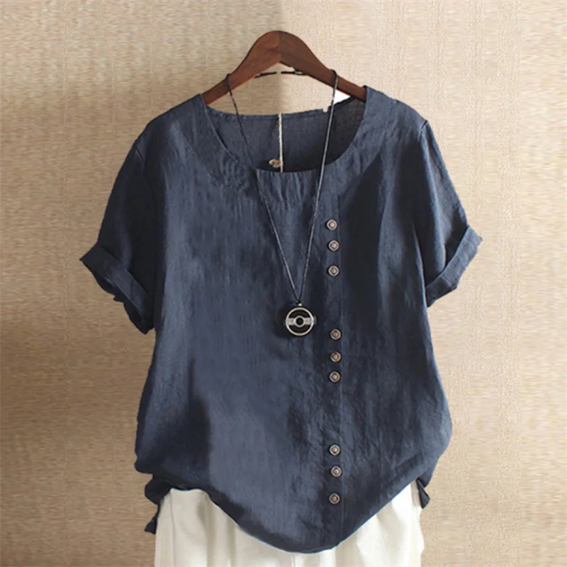 Women Single-breasted Decoration O Neck Pullover Shirt Vintage Cotton Linen Short Sleeves Blouse Comfortable Casual Female Tops