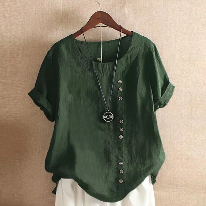 Women Single-breasted Decoration O Neck Pullover Shirt Vintage Cotton Linen Short Sleeves Blouse Comfortable Casual Female Tops