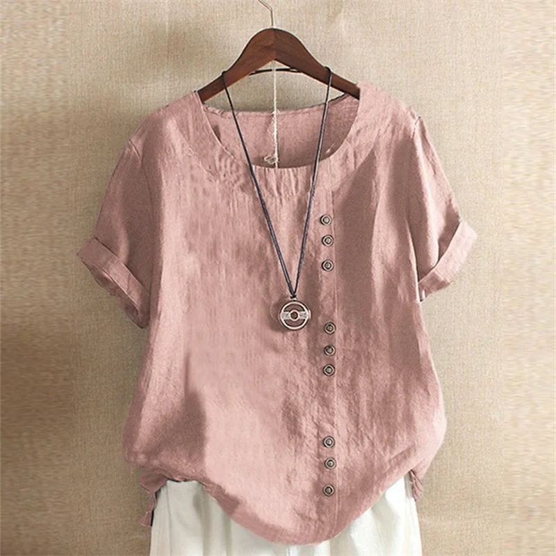Women Single-breasted Decoration O Neck Pullover Shirt Vintage Cotton Linen Short Sleeves Blouse Comfortable Casual Female Tops