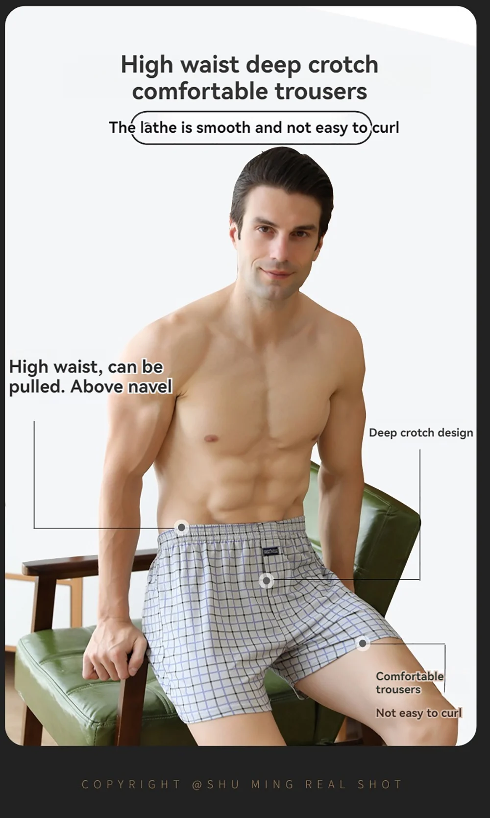 100% Cotton Men Pajama Boxers Casual Breathable 3D Crotch Bottoms Sleepwear Fashion Plaid Elastic Waist Underpants Pijama Hombre