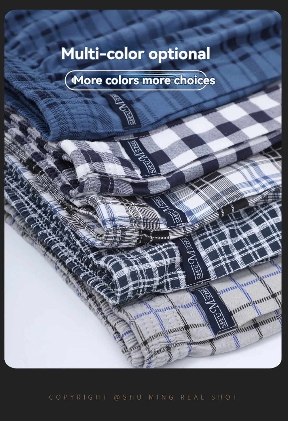 100% Cotton Men Pajama Boxers Casual Breathable 3D Crotch Bottoms Sleepwear Fashion Plaid Elastic Waist Underpants Pijama Hombre