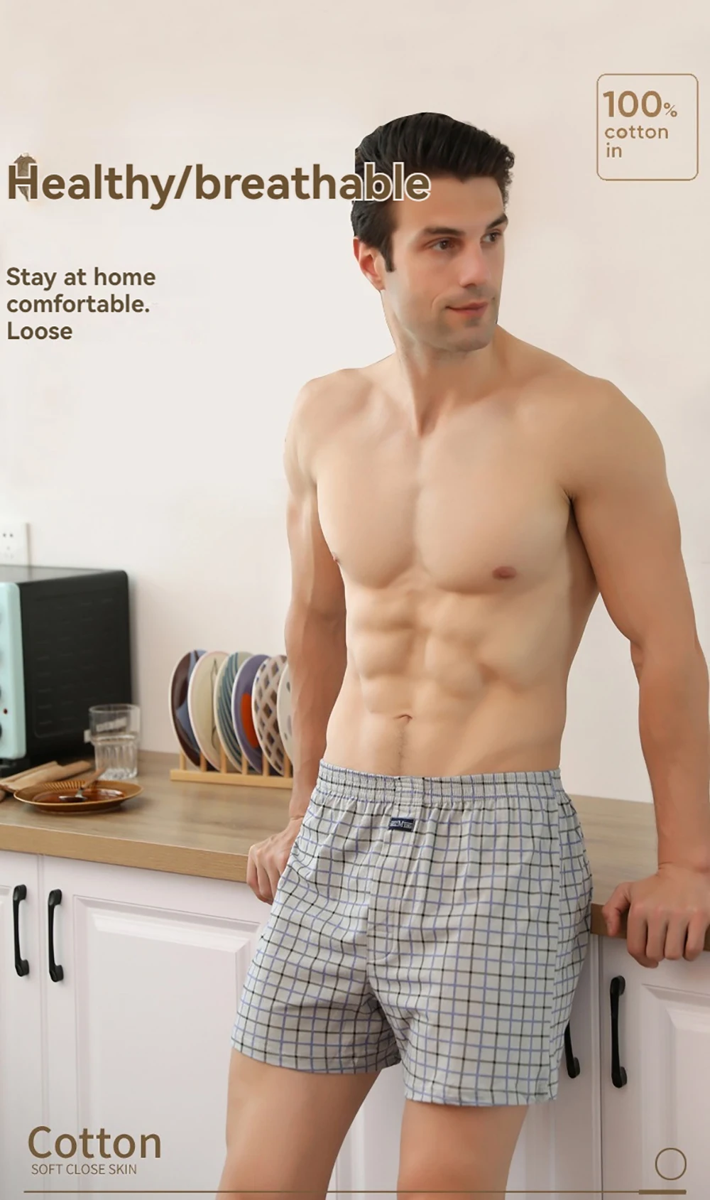 100% Cotton Men Pajama Boxers Casual Breathable 3D Crotch Bottoms Sleepwear Fashion Plaid Elastic Waist Underpants Pijama Hombre