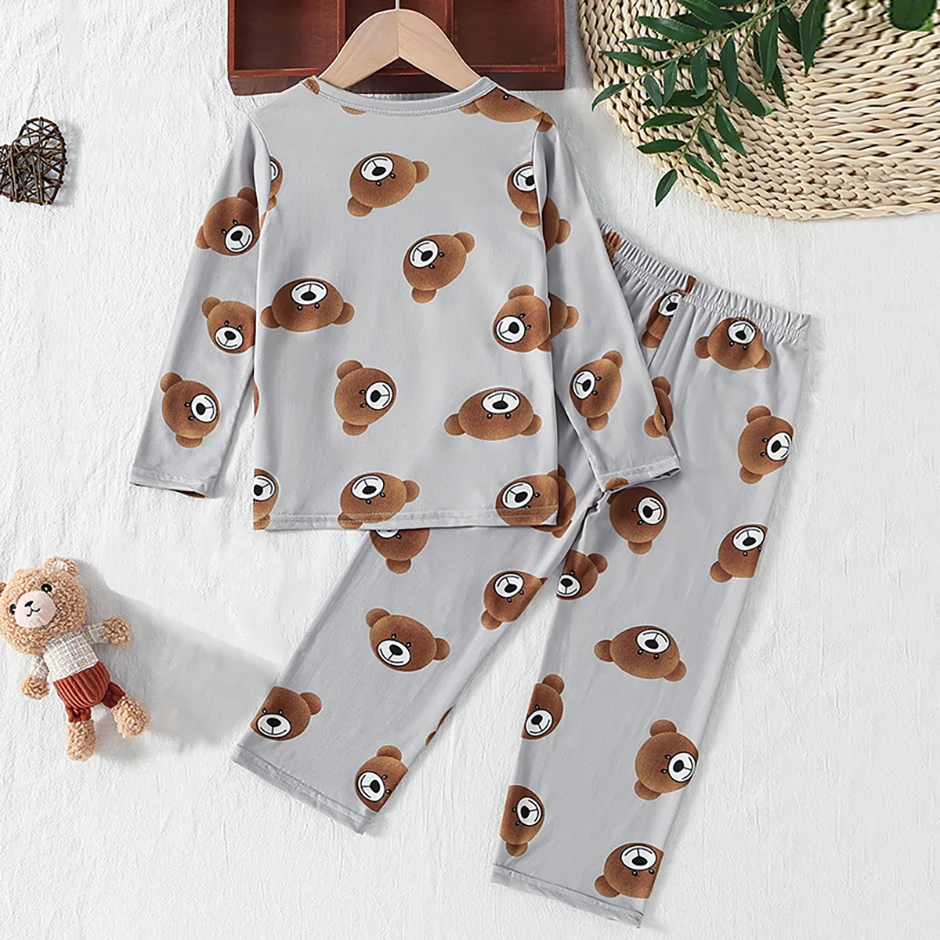 2-Piece 2024 New Autumn Children's Cute Bear Long-Sleeved Trousers Suit Boy Leisure and Comfortable Home Cover Girl Joker Pajama