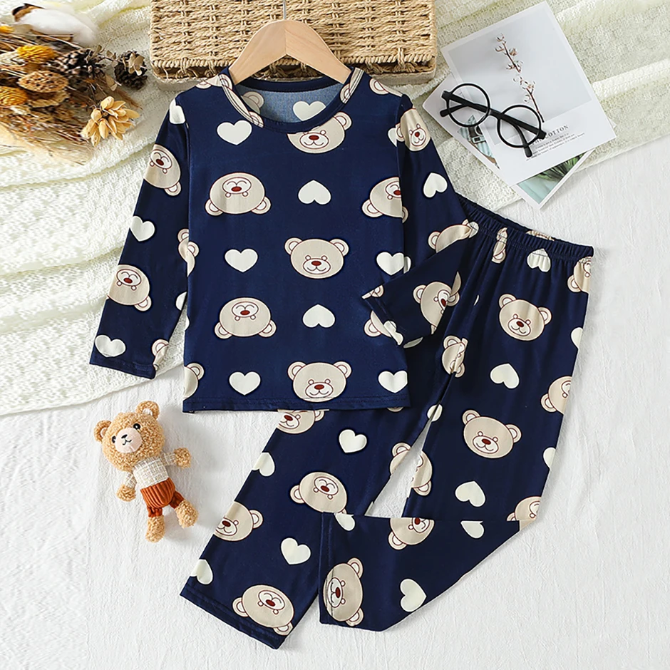 2-Piece 2024 New Autumn Children's Cute Bear Long-Sleeved Trousers Suit Boy Leisure and Comfortable Home Cover Girl Joker Pajama