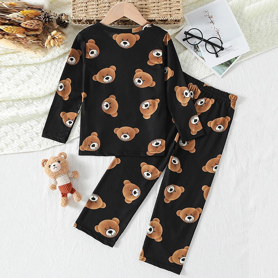 2-Piece 2024 New Autumn Children's Cute Bear Long-Sleeved Trousers Suit Boy Leisure and Comfortable Home Cover Girl Joker Pajama