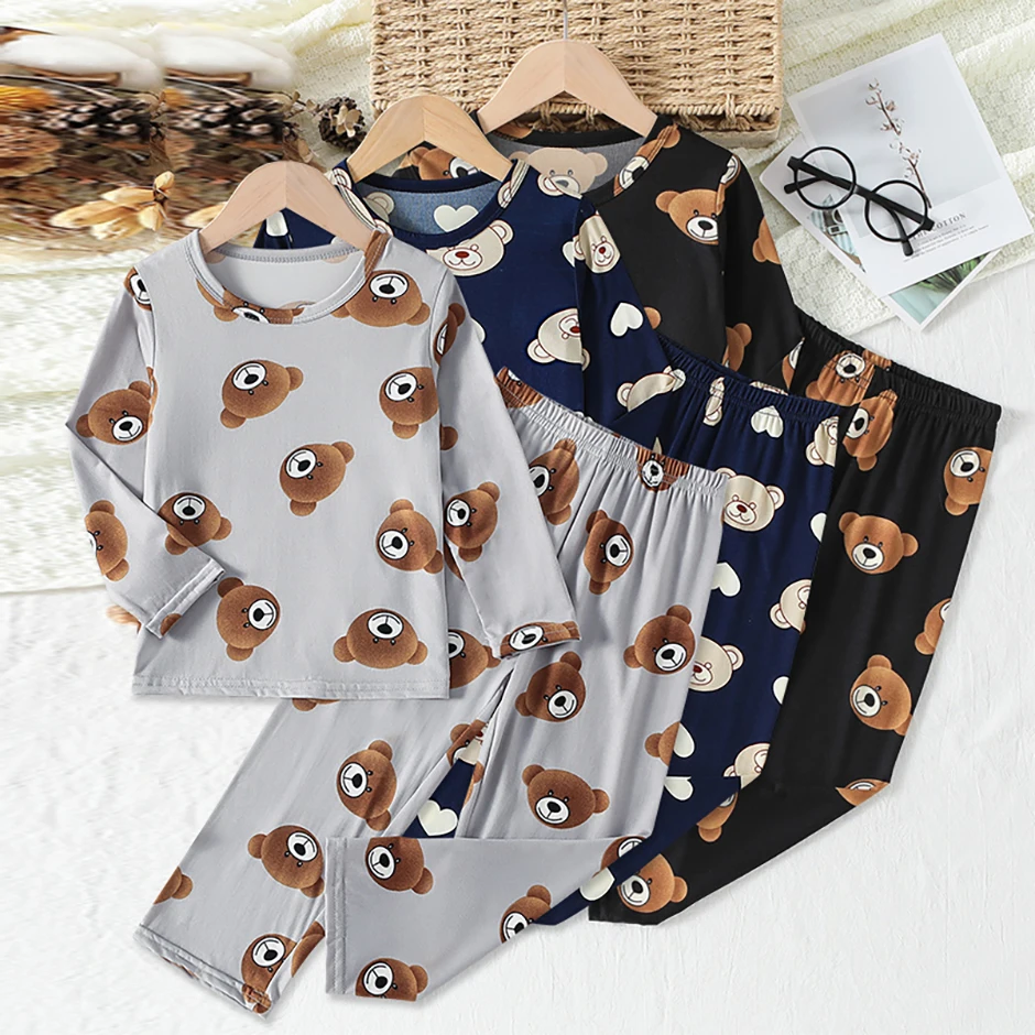 2-Piece 2024 New Autumn Children's Cute Bear Long-Sleeved Trousers Suit Boy Leisure and Comfortable Home Cover Girl Joker Pajama