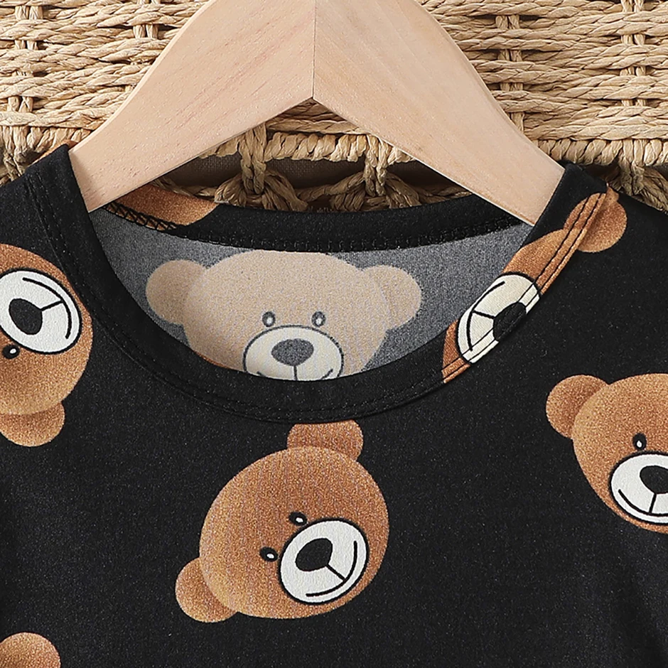 2-Piece 2024 New Autumn Children's Cute Bear Long-Sleeved Trousers Suit Boy Leisure and Comfortable Home Cover Girl Joker Pajama