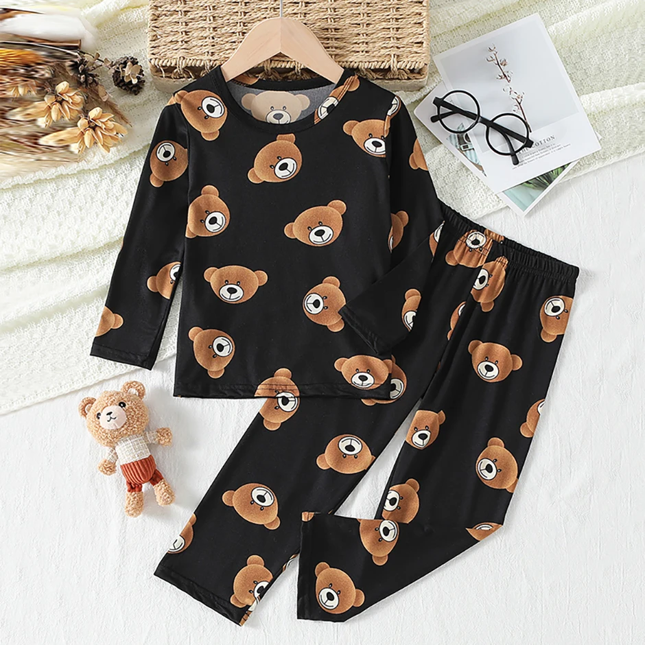 2-Piece 2024 New Autumn Children's Cute Bear Long-Sleeved Trousers Suit Boy Leisure and Comfortable Home Cover Girl Joker Pajama
