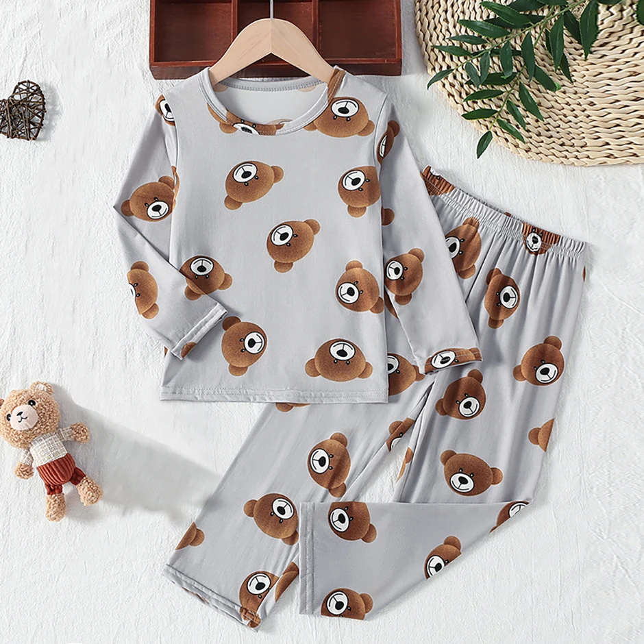 2-Piece 2024 New Autumn Children's Cute Bear Long-Sleeved Trousers Suit Boy Leisure and Comfortable Home Cover Girl Joker Pajama