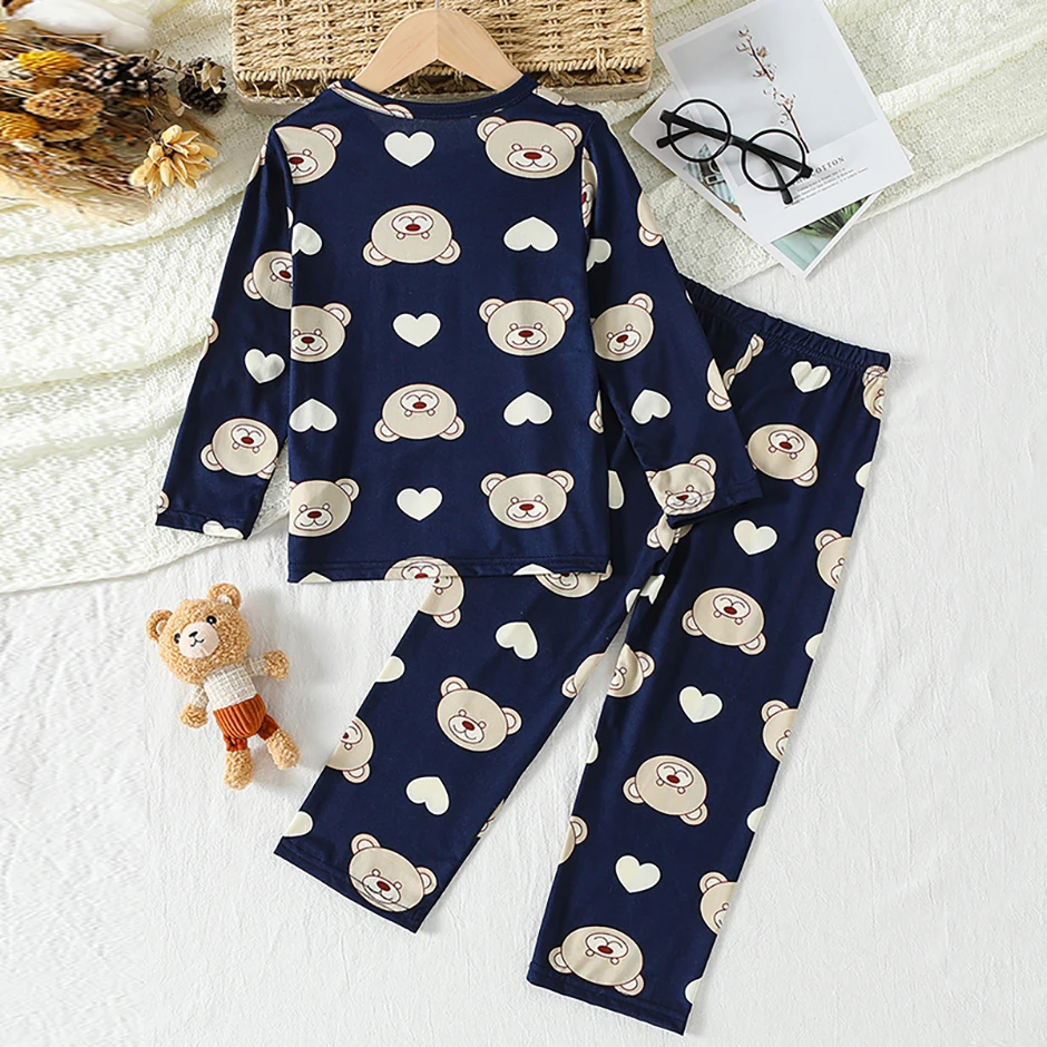 2-Piece 2024 New Autumn Children's Cute Bear Long-Sleeved Trousers Suit Boy Leisure and Comfortable Home Cover Girl Joker Pajama