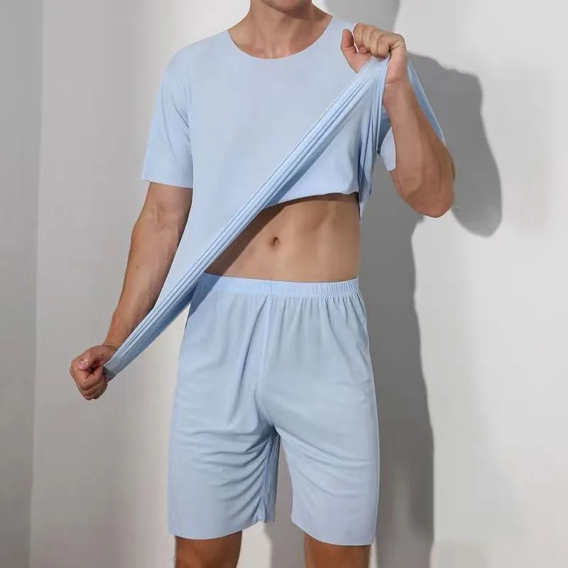 Men's Two-Piece Summer Thin Section Senior Ice Silk Feeling Round Neck Solid Color Short Sleeve Suit Sports Casual Homewear