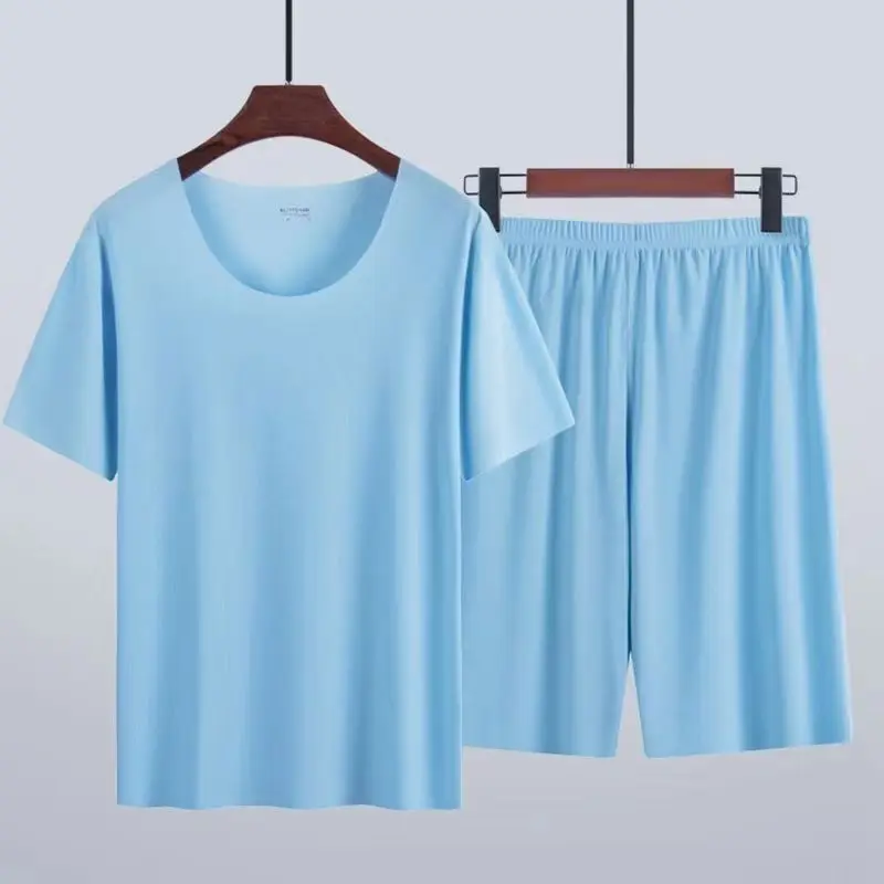Men's Two-Piece Summer Thin Section Senior Ice Silk Feeling Round Neck Solid Color Short Sleeve Suit Sports Casual Homewear