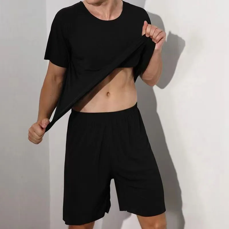 Men's Two-Piece Summer Thin Section Senior Ice Silk Feeling Round Neck Solid Color Short Sleeve Suit Sports Casual Homewear
