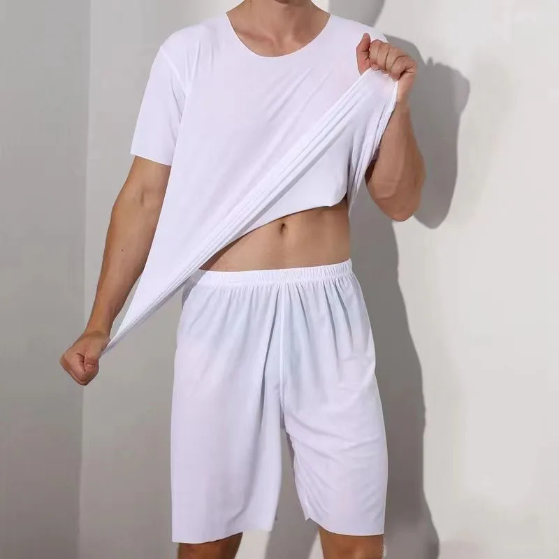 Men's Two-Piece Summer Thin Section Senior Ice Silk Feeling Round Neck Solid Color Short Sleeve Suit Sports Casual Homewear