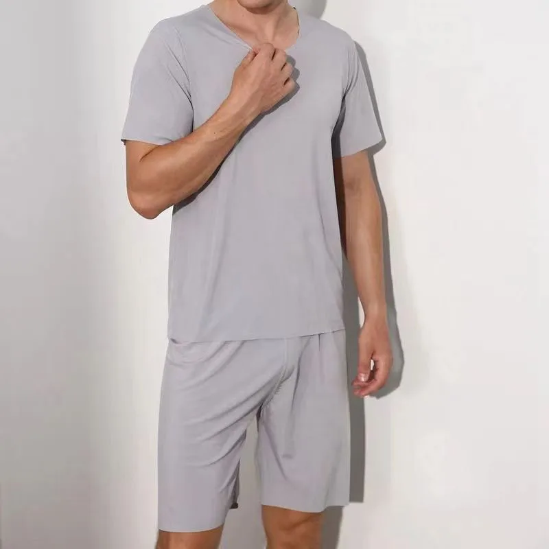 Men's Two-Piece Summer Thin Section Senior Ice Silk Feeling Round Neck Solid Color Short Sleeve Suit Sports Casual Homewear