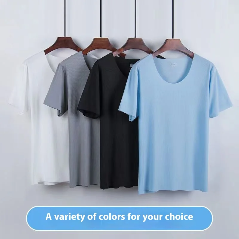 Men's Two-Piece Summer Thin Section Senior Ice Silk Feeling Round Neck Solid Color Short Sleeve Suit Sports Casual Homewear