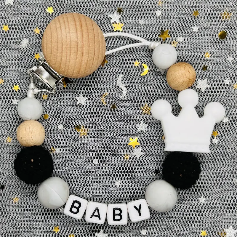 NEW Custom Personalized Name Pacifier Clip Handmade Beech Wooden Chain Silicone Crown Holder Soother Baby Teething Toy Chew Gift