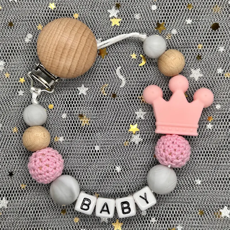 NEW Custom Personalized Name Pacifier Clip Handmade Beech Wooden Chain Silicone Crown Holder Soother Baby Teething Toy Chew Gift
