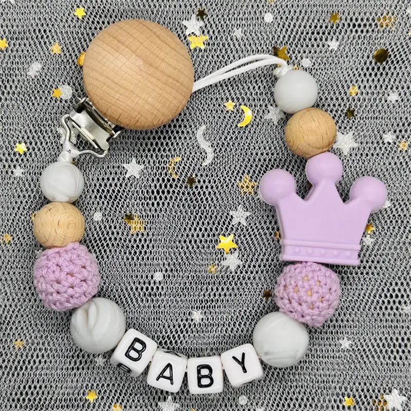 NEW Custom Personalized Name Pacifier Clip Handmade Beech Wooden Chain Silicone Crown Holder Soother Baby Teething Toy Chew Gift
