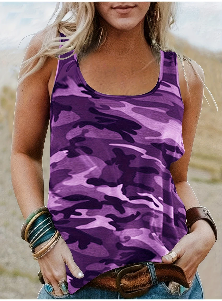 Camouflage Print O Neck Lady Vests Basic Elastic Tank Tops Casual Vintage Sleeveless Camisole Women's Clothing Summer 2024 Trend