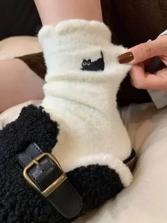 3Pairs Premium Feel Cute Cat Cozy Hairy Mink Velvet Socks Autumn Winter Hosiery Thickened Plush Warm Sleep Home Fluffy Socks