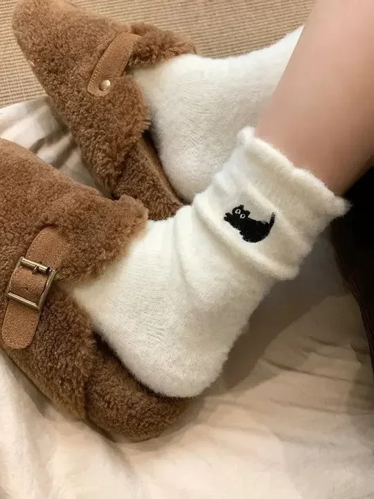 3Pairs Premium Feel Cute Cat Cozy Hairy Mink Velvet Socks Autumn Winter Hosiery Thickened Plush Warm Sleep Home Fluffy Socks