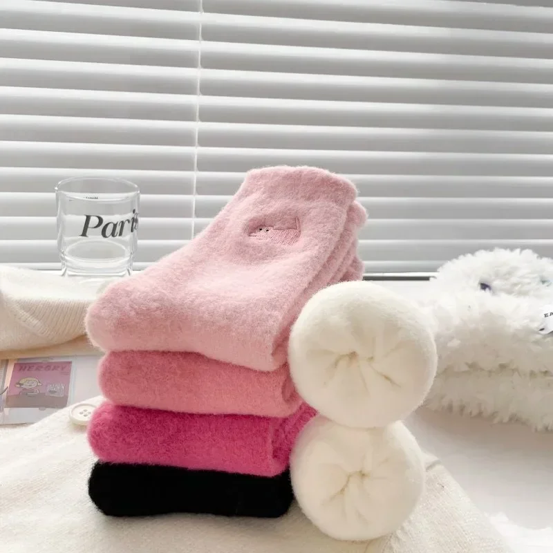 3Pairs Premium Feel Cute Cat Cozy Hairy Mink Velvet Socks Autumn Winter Hosiery Thickened Plush Warm Sleep Home Fluffy Socks