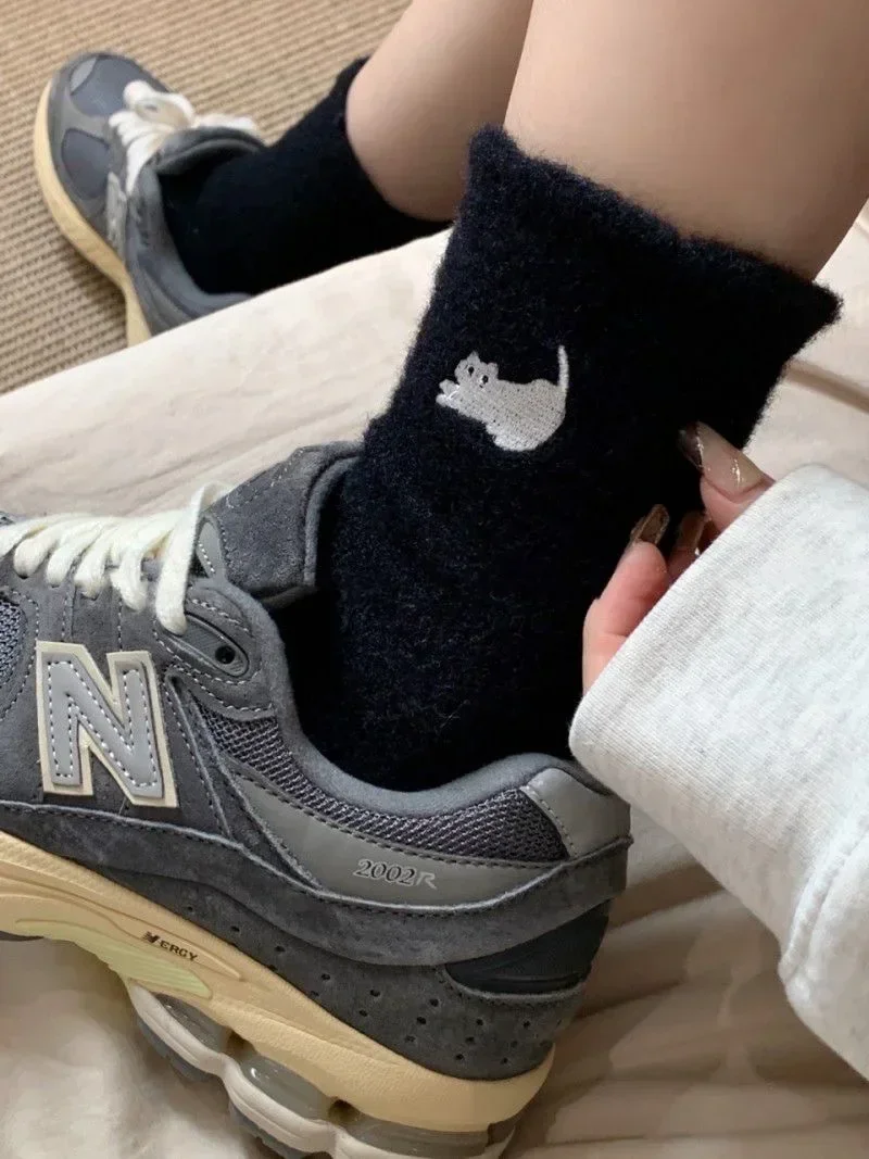 3Pairs Premium Feel Cute Cat Cozy Hairy Mink Velvet Socks Autumn Winter Hosiery Thickened Plush Warm Sleep Home Fluffy Socks