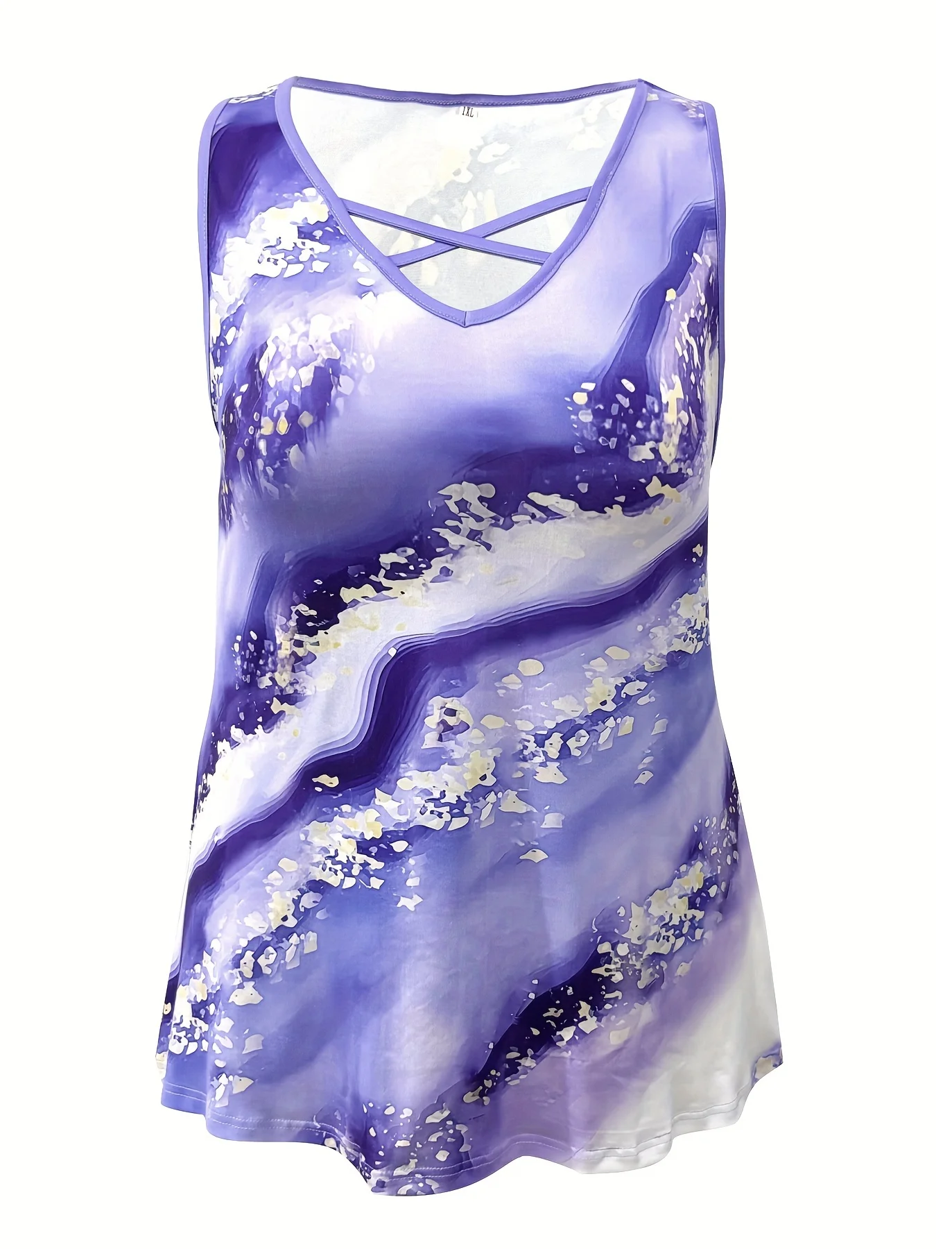 Plus Size Marble Print Tank Top Casual Criss Cross Sleeveless V Neck Top For Summer & Spring Women's Plus Size Clothing