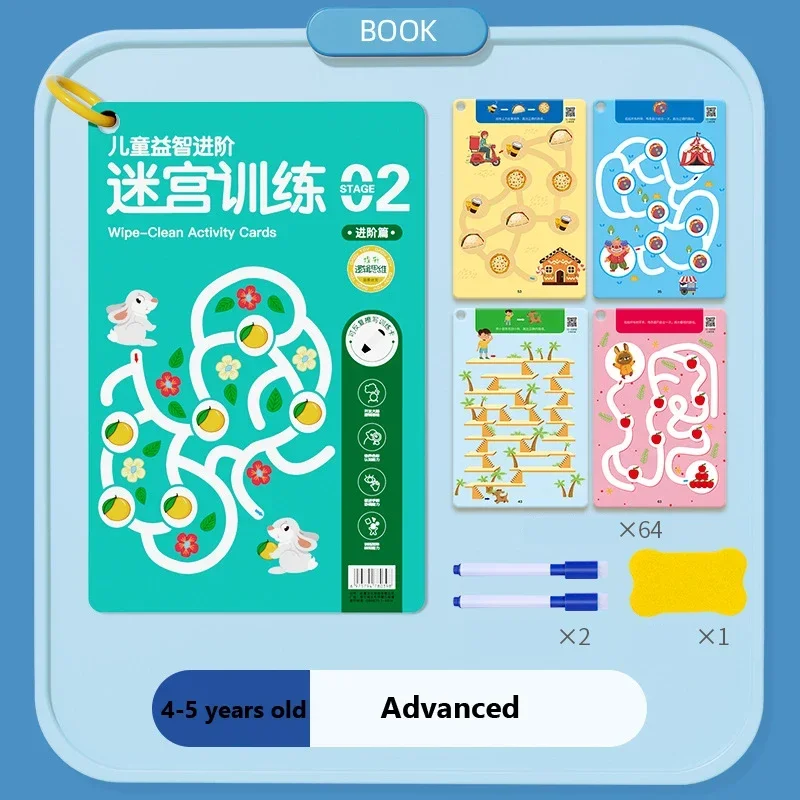 64 Pages Educational Games Kids Concentration Maze Training Book Reusable Practice Copybook