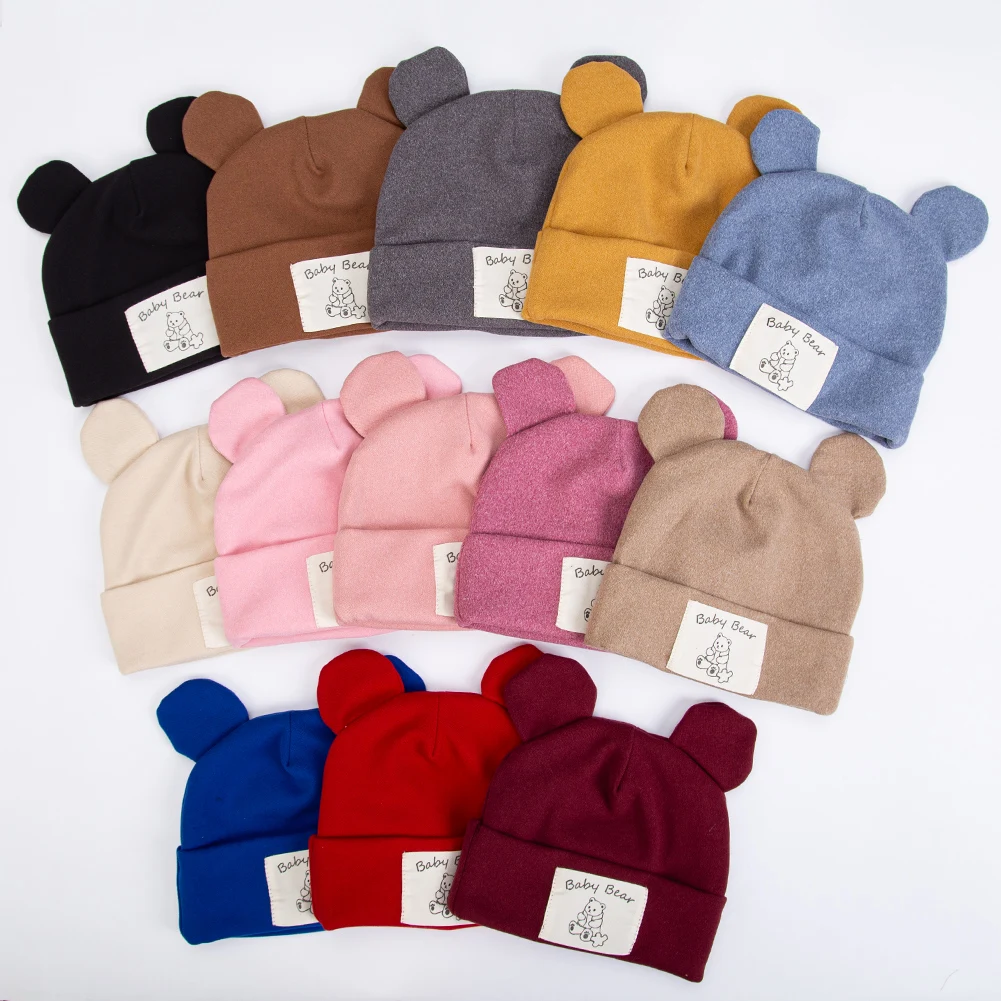Cute Bear Ear Baby Turban Hats for Newboorn Boys Girls Faux Cashmere Label Caps Beanies Autumn Winter Infant Bonnets