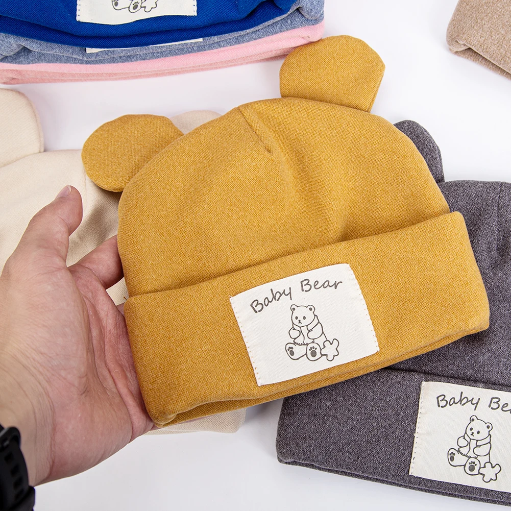 Cute Bear Ear Baby Turban Hats for Newboorn Boys Girls Faux Cashmere Label Caps Beanies Autumn Winter Infant Bonnets