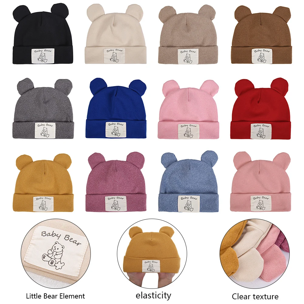 Cute Bear Ear Baby Turban Hats for Newboorn Boys Girls Faux Cashmere Label Caps Beanies Autumn Winter Infant Bonnets