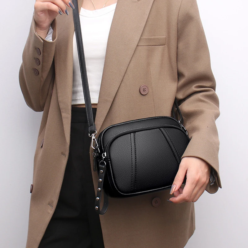 Solid Color Fashionable Rivet Zipper Women's Mobile Phone Bag Simple Soft Leather Shoulder Crossbody Small Square Bag Handbag