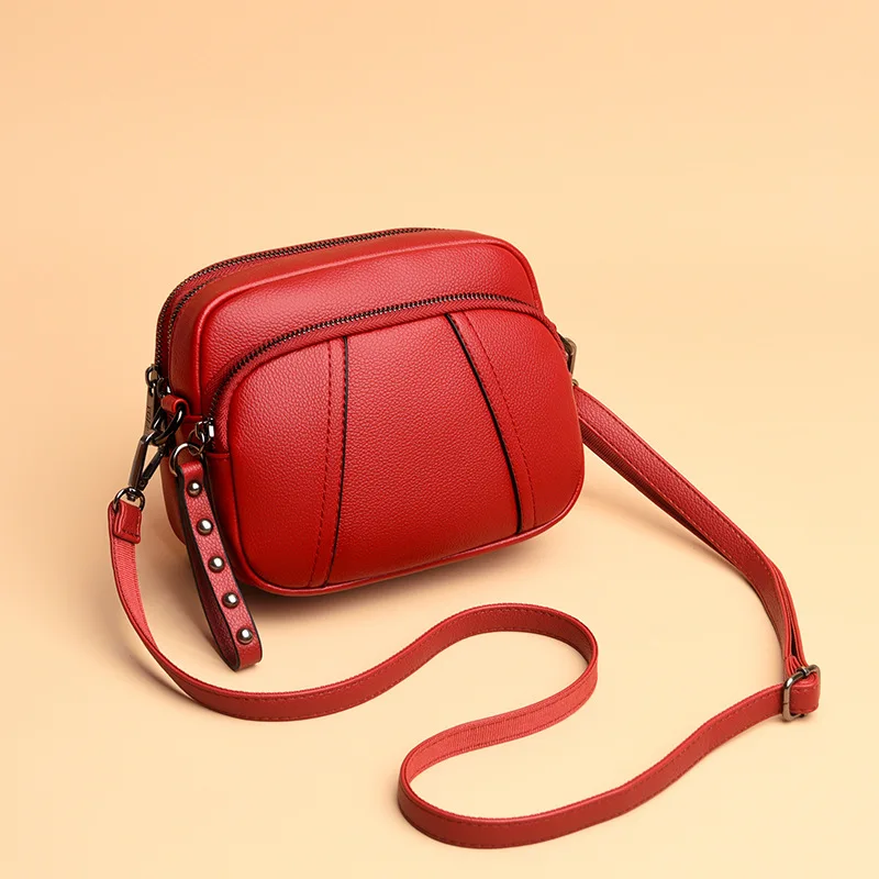 Solid Color Fashionable Rivet Zipper Women's Mobile Phone Bag Simple Soft Leather Shoulder Crossbody Small Square Bag Handbag