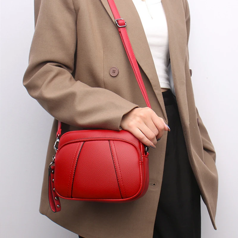 Solid Color Fashionable Rivet Zipper Women's Mobile Phone Bag Simple Soft Leather Shoulder Crossbody Small Square Bag Handbag