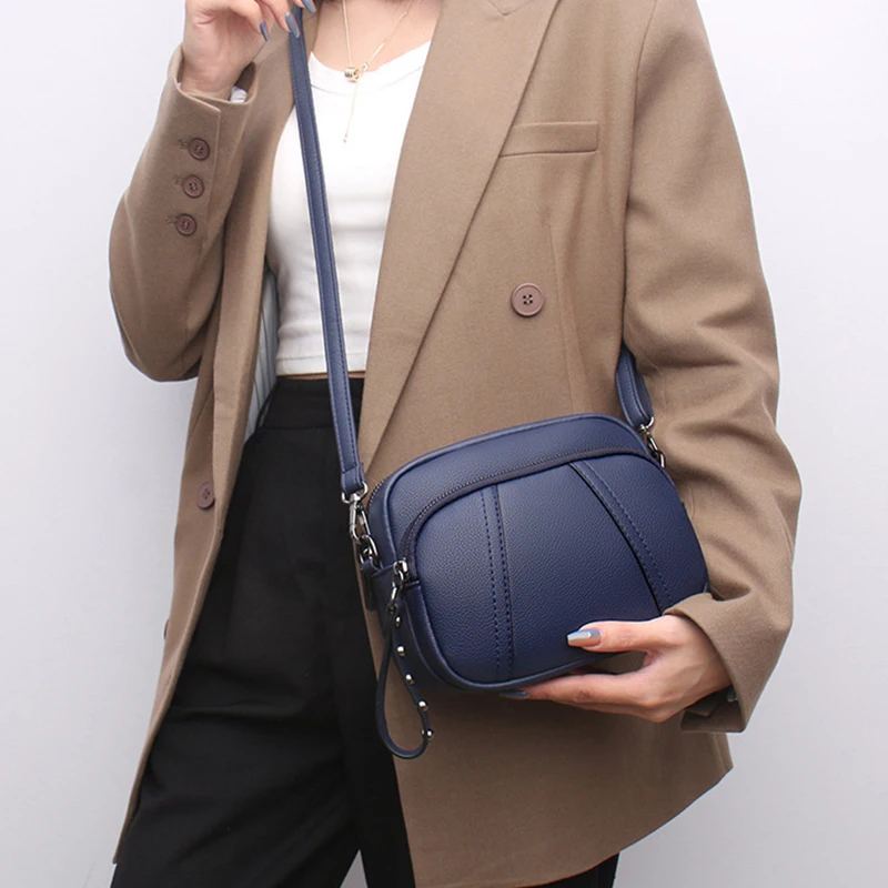 Solid Color Fashionable Rivet Zipper Women's Mobile Phone Bag Simple Soft Leather Shoulder Crossbody Small Square Bag Handbag